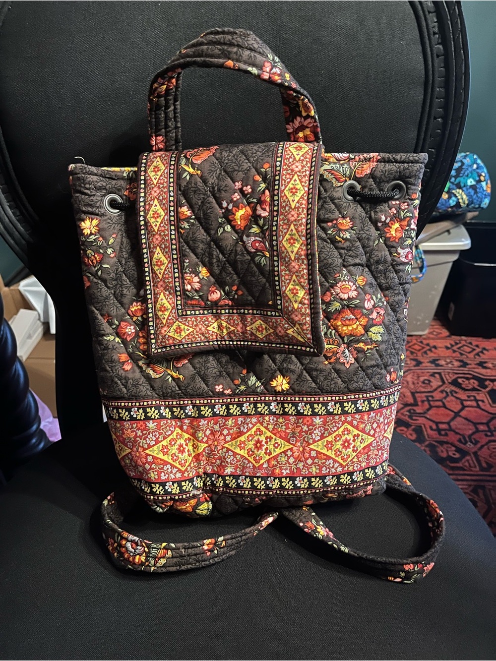 Vera Bradley Quilted Floral Drawstring Backpack Tote in Brown Chocolat Pattern